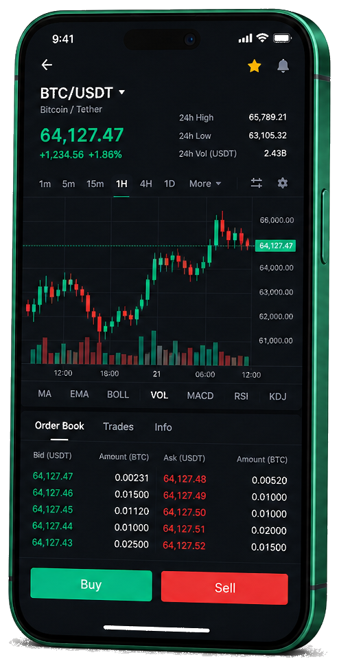 Krone Vinstek handelsplattform på mobil – sanntids BTC/USDT-kurs, ordrebok og kjøps-/salgsgrensesnitt